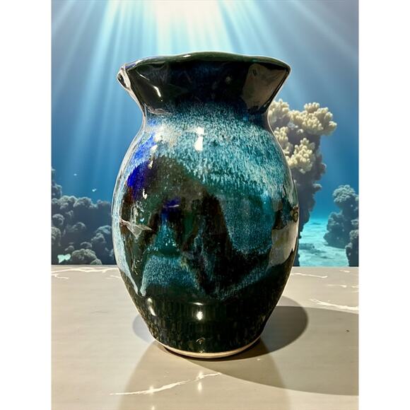 DK Clay Ocean Blue Ruffle Rim Vase-North Carolina Studio Pottery-6''-Stoneware - Picture 3 of 7